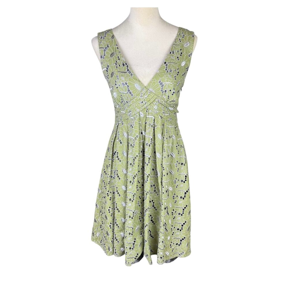 eShakti Sage Green Embroidered Eyelet Floral Fit & Flare Sleeveless Pleat Dress